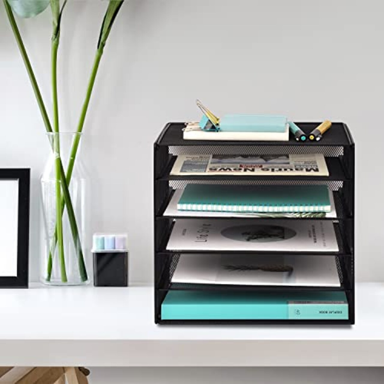 5 Slot Desk Organizer Tray, Mesh File Paper Letter Tray Desktop Paper Sorter Literature Organizer Rack for Home, Office, or School, Black